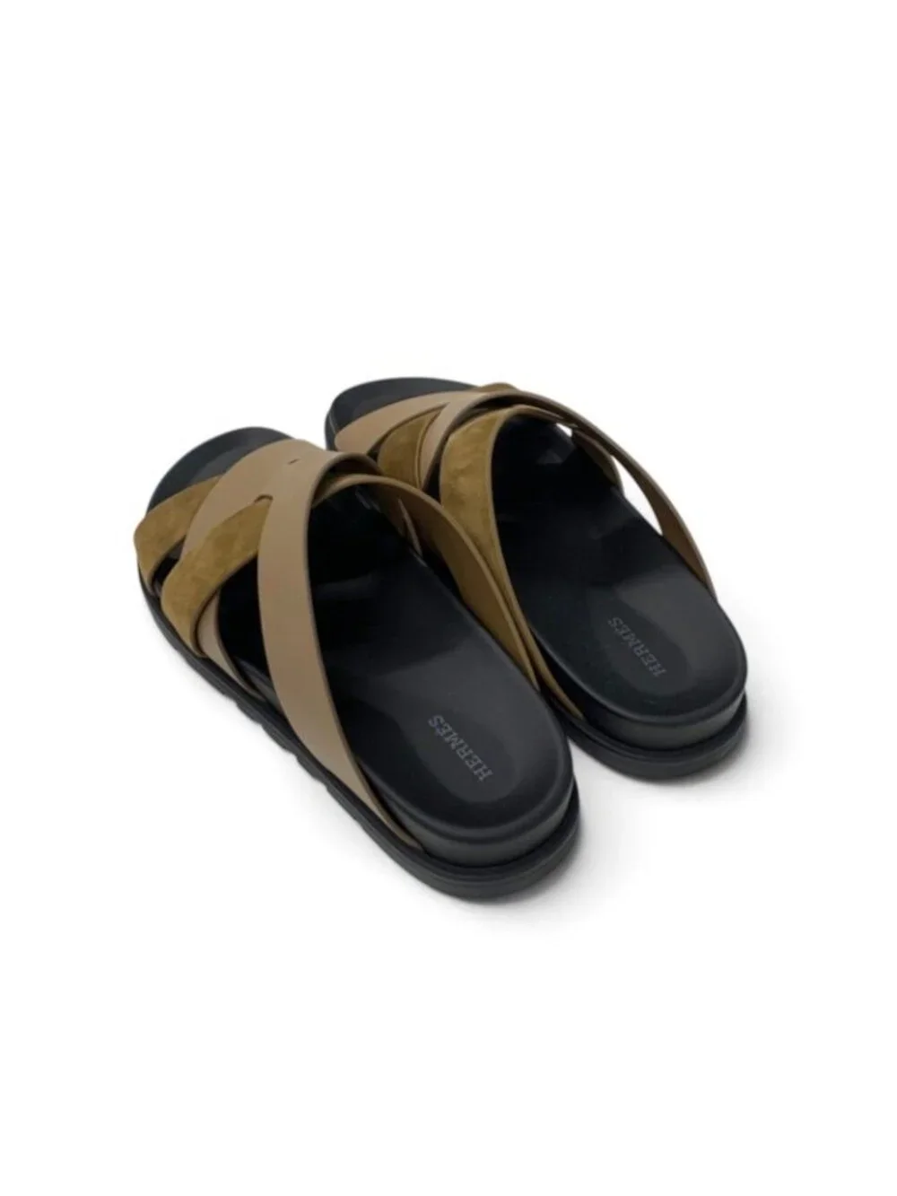 Hermes Casimir Sandals Shoes Leather Suede Brown Black Flat